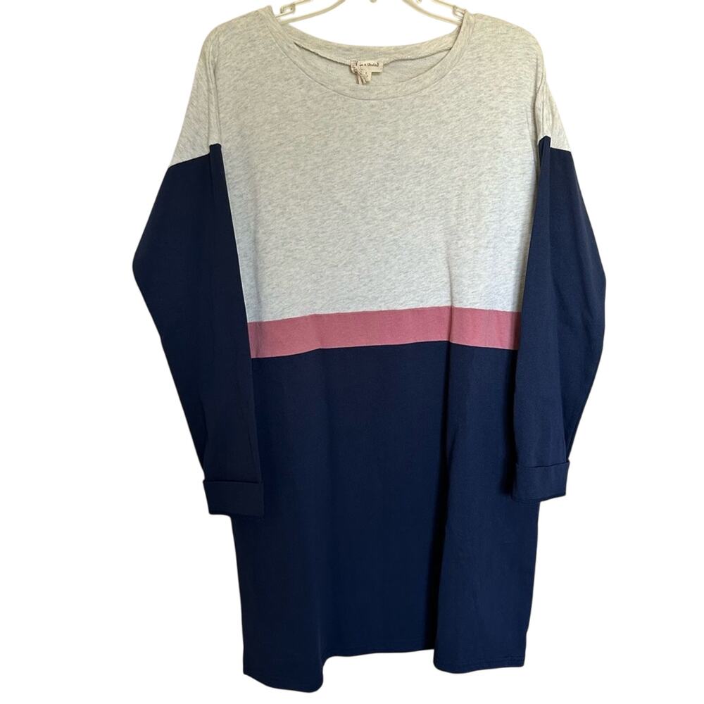 NEW Hem & Thread Cotton Shift Dress Long Sleeve Navy Gray L Nautical Coastal